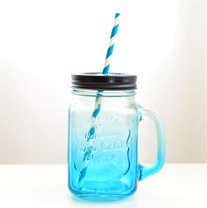 零极限清理工具蓝色玻璃瓶彩色梅森杯带盖透明公鸡杯果汁吸管渐变