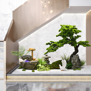 室内景观仿真绿植楼梯下造景水景摆件循环水新中式迎客松落地装饰