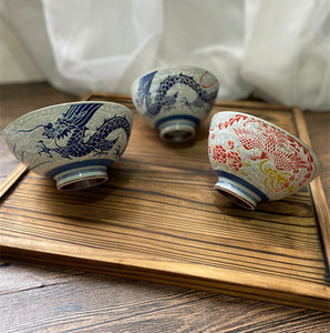 日本进口陶瓷餐具 美浓烧手绘釉下彩 龙凤呈祥 米饭碗 小汤碗