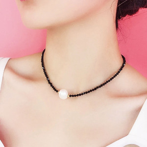 日韩时尚脖链气质百搭黑色水晶短款珍珠锁骨链项链颈链颈带项圈女