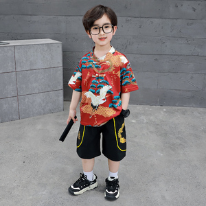 男童中国风龙鹤套装夏季儿童帅气男宝宝短袖中式短袖汉服两件套薄
