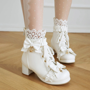 冬季马丁靴甜美可爱洛丽塔单靴加绒厚底女靴子大童公主小码短筒靴
