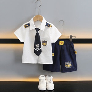 儿童兔子警官衬衫领带女男童夏季套装中小童学院风礼服毕业演出服