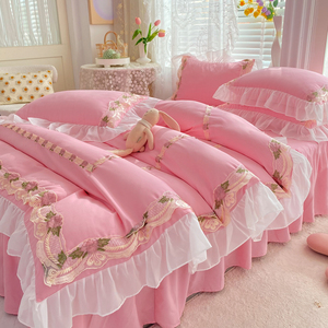 新品蕾丝刺绣花边纯棉全棉四件套裸睡被套被罩床单床裙式床品家纺