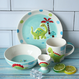 泰国进口卡通儿童陶瓷餐具恐龙立体可爱宝宝碗盘子水杯子早餐礼物