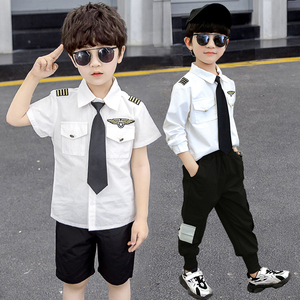 儿童机长服套装男童飞机师制服小孩扮演飞行员服装空军衬衫两件套