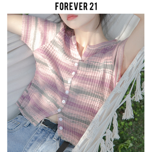Forever21法式条纹正肩短袖T恤女夏季薄针织开衫设计感修身短上衣