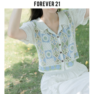 Forever 21法式蓝白色拼接泡泡短袖衬衫女夏甜美镂空翻领开衫上衣