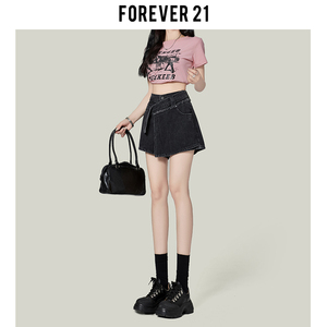 Forever21设计感假两件牛仔A字裤裙女夏高腰黑灰色短裤包臀热裤子