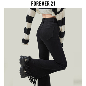 Forever 21高腰黑色微喇牛仔裤女美式修身喇叭裤爆款流苏马蹄裤子