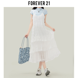 Forever 21法式蕾丝花边吊带连衣裙女白色千层蛋糕裙叠穿沙滩长裙
