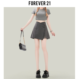 Forever21国风不规则盘扣阔腿短裤裙女灰色A字高腰西裤夏季裙裤子