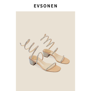 Evsonen蛇形绕带凉鞋水钻一字带露趾女中跟粗跟缠绕带绕脚踝凉鞋