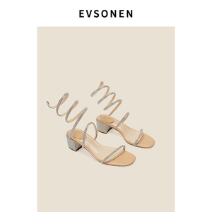 【Evsonen】蛇形绕带水钻一字带露趾女中跟粗跟缠绕带绕脚踝凉鞋