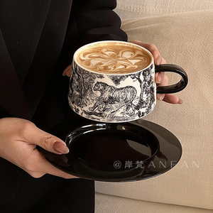 岸梵 法式高颜值虎跃龙骧咖啡杯碟套装创意黑色陶瓷杯子下午茶杯