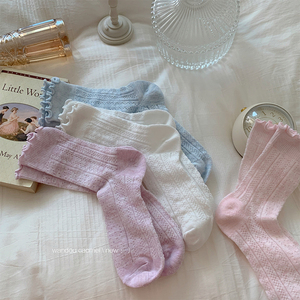 豌豆草莓袜子女中筒袜春夏季薄款日系甜美可爱木耳边纯棉堆堆长袜