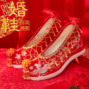 古风红色婚鞋低跟流苏串珠原创配古装汉服鞋子女中式新娘秀禾婚鞋