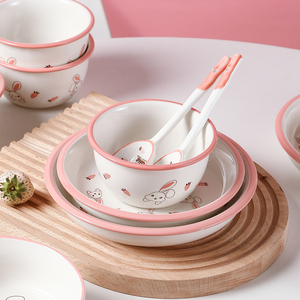 兔子陶瓷碗家用卡通米饭碗汤碗日式碗早餐碗水果燕麦片甜品碗勺子
