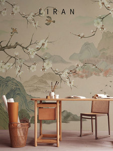 现代中式山水花鸟壁纸电视背景墙纸别墅餐厅包间墙布沙发书房壁画