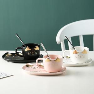 爱美惠陶瓷咖啡杯烫金卡通小猫图案咖啡杯碟套装家用早餐盘送勺子