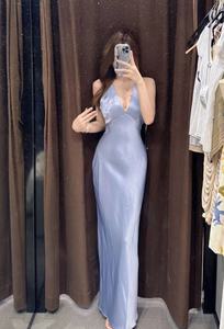 ZARA夏季新款女装蓝色晚礼服丝缎质感露背迷笛连衣裙 3272399 403