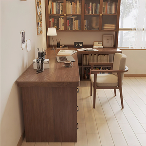 定制实木书房书桌带书柜书架一体转角L型桌子卧室家用拐角学习桌