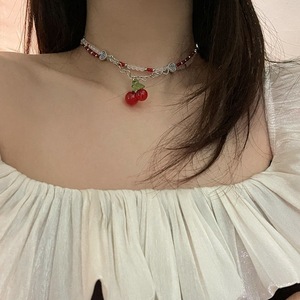 少女感ins森系红色樱桃小众设计水晶串珠双层爱心项链锁骨链女潮