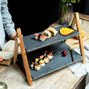 日式 折叠式木质蛋糕架黑色石板寿司盘子餐厅自助餐食物展示托盘