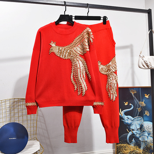 欧洲站红色凤凰时髦洋气针织毛衣哈伦裤套装女秋时尚两件套欧货潮