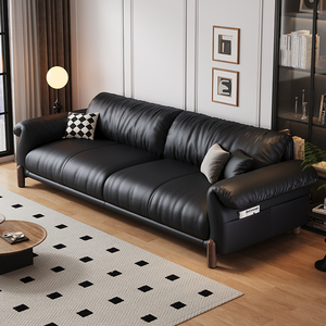 意式极简真皮沙发多人现代简约客厅小户型黑色复古直排大象耳朵沙