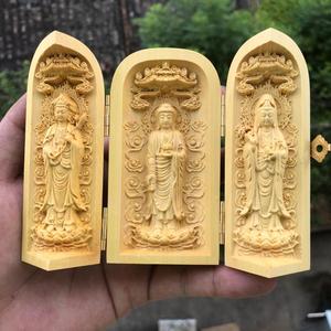 黄杨木雕刻随身佛像三开盒西方三圣婆娑三圣自在观音妈祖大日如来