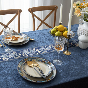 蓝色奢华雪尼尔桌布新中式长方形家用茶几简欧式餐布台布艺会议桌