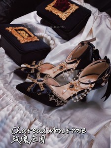 法式珍珠优雅精致华丽lo鞋高跟鞋女单鞋Chateau Montrose玫瑰
