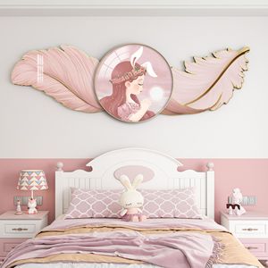 儿童房装饰画女孩卧室床头挂画公主房间背景墙画粉色温馨壁画羽毛