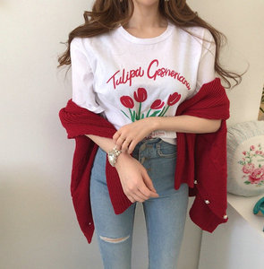 【sol.owen】韩国进口春夏新款玫瑰花朵字母圆领白色短袖T恤 tee