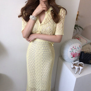 【sol.owen】韩国进口夏季镂空钩花修身短袖针织衫半身裙两件套装