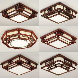 双层现代中式吸顶灯led正方形实木卧室灯古典木艺中国风餐厅灯具