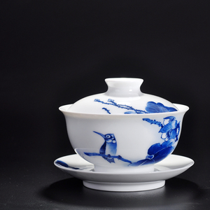 磬声手工泡茶碗陶瓷大号功夫茶杯景德镇手绘青花瓷器三才盖碗茶具