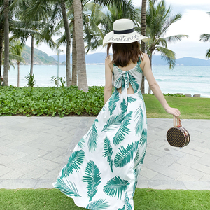 泰国三亚性感露背长裙夏装绿叶子胸围可调节海滩巴厘岛度假沙滩裙