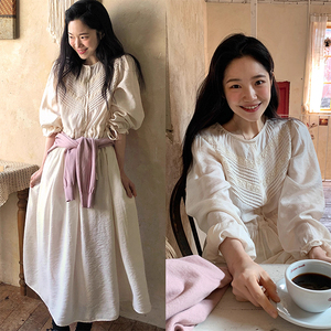 韩国chic春季新款法式复古重工蕾丝拼接收腰显瘦喇叭袖连衣裙女
