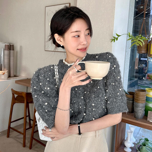 韩国chic冬季复古洋气圆领钉珠点缀麻花纹设计感百搭针织衫毛衣女