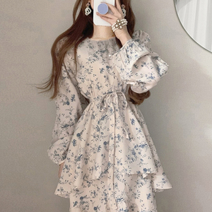 韩国chic春季法式浪漫小碎花圆领系带收腰层层蛋糕连衣裙长裙女