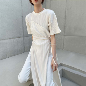 韩国chic夏季小众设计款多穿法圆领拼接假两件坑条开叉连衣裙长裙