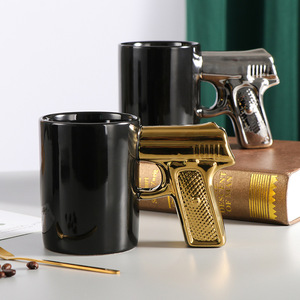 创意陶瓷杯金银色手枪杯枪把马克杯个性水杯咖啡杯3D造型杯主人杯
