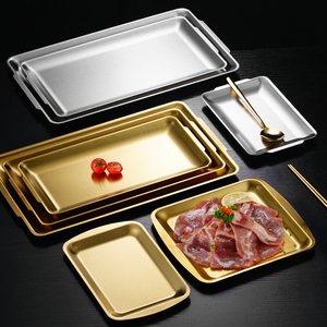 不锈钢长方形盘韩式烤肉店菜盘金色托盘商用炸鸡盘烧烤店专用盘子
