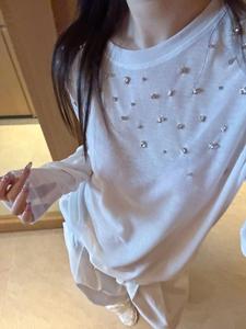 韩国东大门夏季新款白色满天星爆闪钻钻设计感薄款防晒长袖T恤女