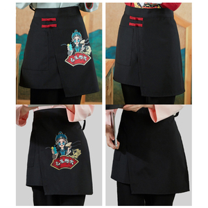 厨师服务员火锅中餐店黑色带盘扣印花短款工作服围裙定制印logo