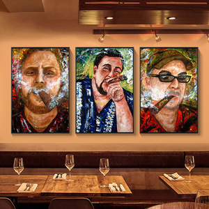 油画雪茄房装饰画酒吧清吧西餐厅名人丘吉尔抽烟挂画酒馆发光壁画