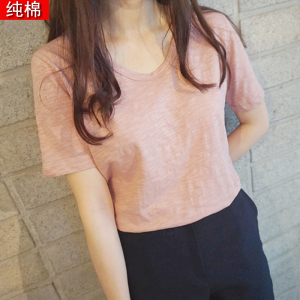 夏装新款竹节棉短袖T恤女纯白色简约宽松上衣服体恤衫韩国潮