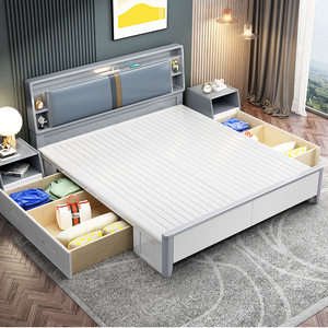 现代简约全实木床白色北欧轻奢高箱储物大床1.8米主卧夜灯双人床